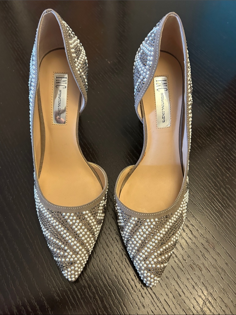 INC International Concepts Taupe Pearl & Crystal D'Orsay Pointed Pumps